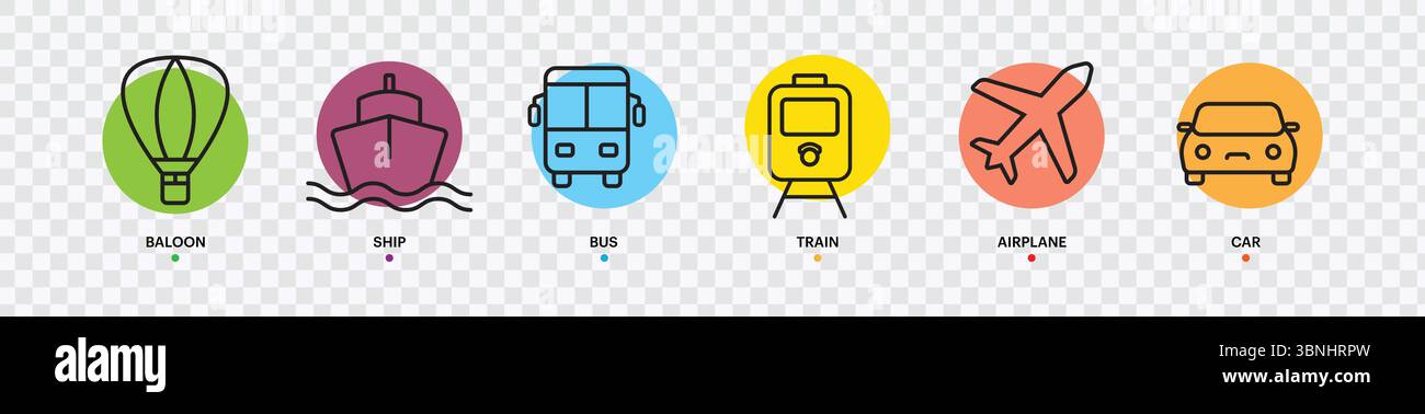'Transport Icons Collection - Hot Air Balloon, Ship, Bus, Train, Airplane, and Car' Stock Vector