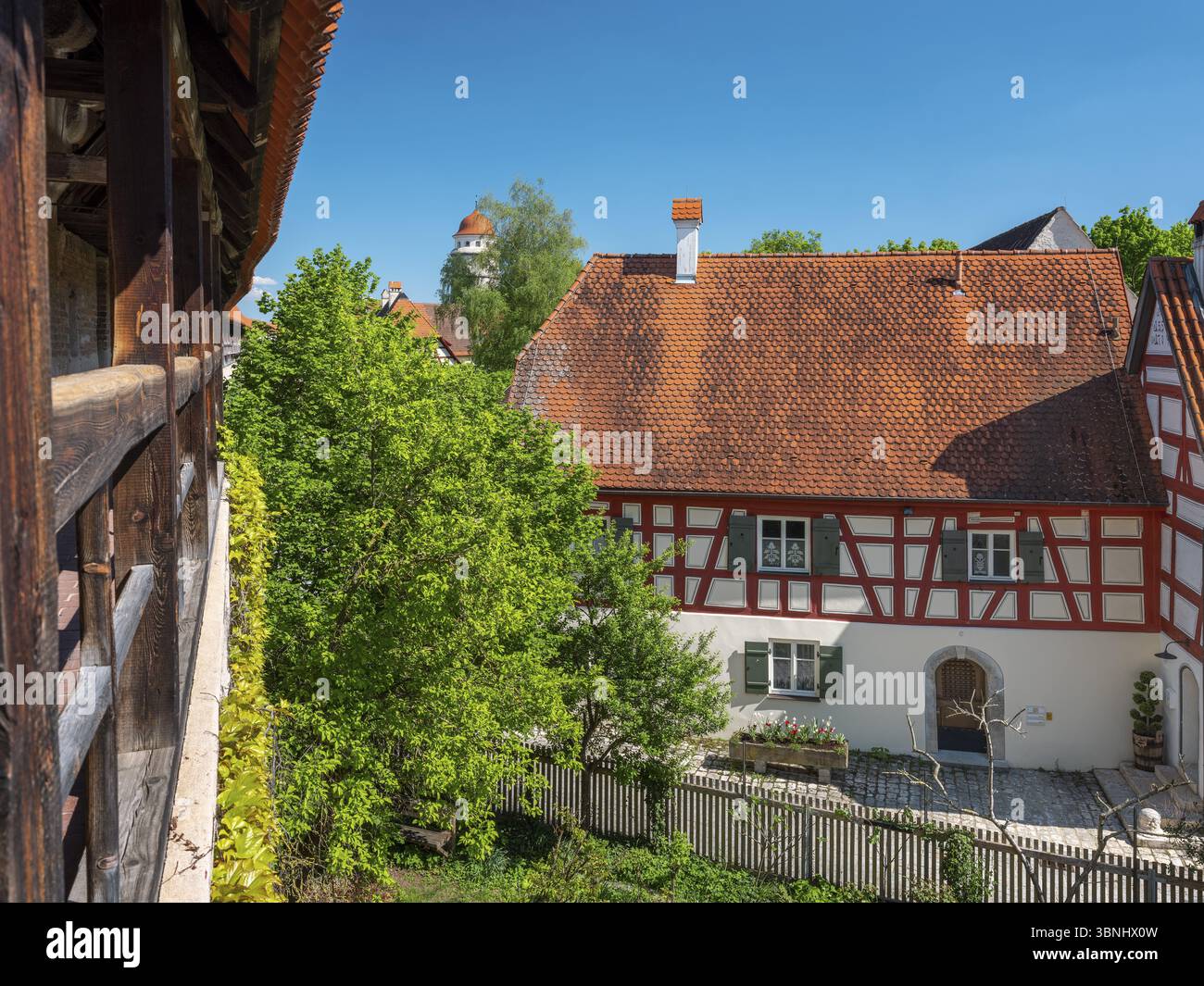 Medieval town wall with battlements and half-timbered house, Loepsinger Mauer, Noerdlingen, Bavaria, Germany, Europe Stock Photo