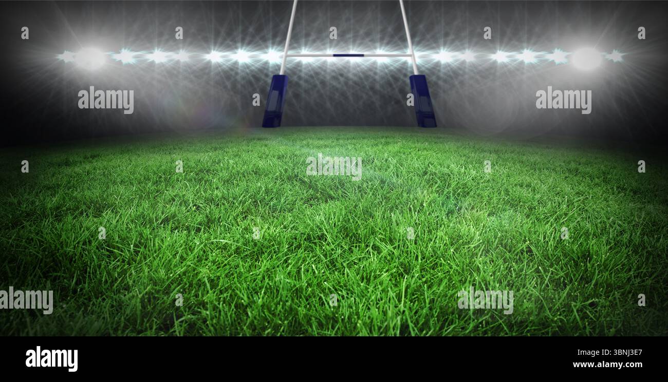 White goalpost with padded base is standing on green turf under bright floodlights in flat design Stock Photo