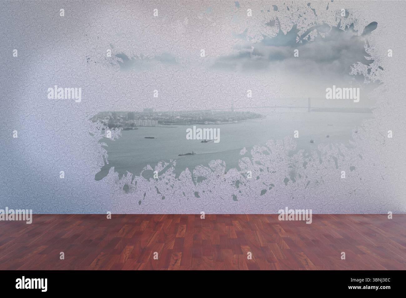 Splash on wall revealing coastline Stock Photo