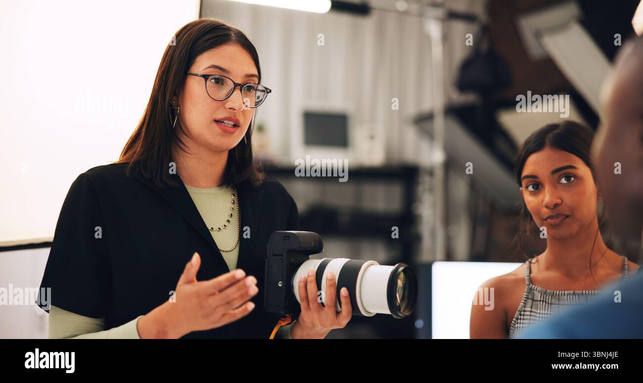 Women, photographer and planning with model for photoshoot, direction ...
