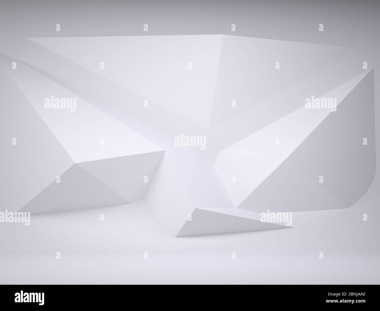 Triangular prism sculpture is being displayed in minimalistic 3D render with angular white forms Stock Photo