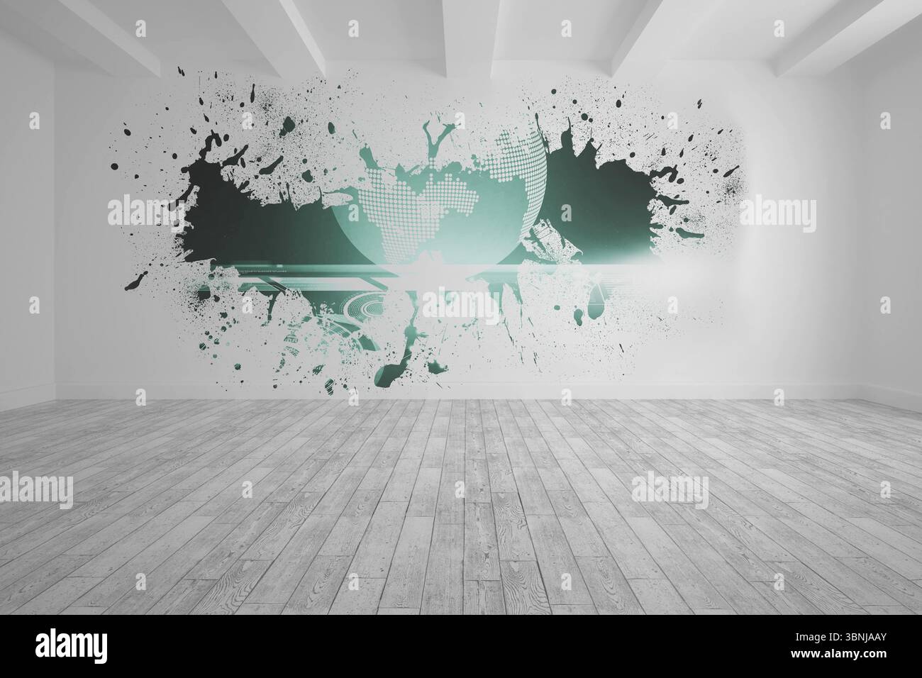 Splash on wall revealing global graphic Stock Photo