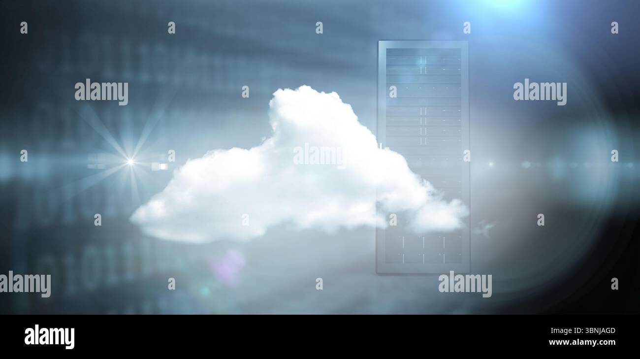 White cloud is hovering in digital concept with translucent server rack, binary streams, lens flare Stock Photo