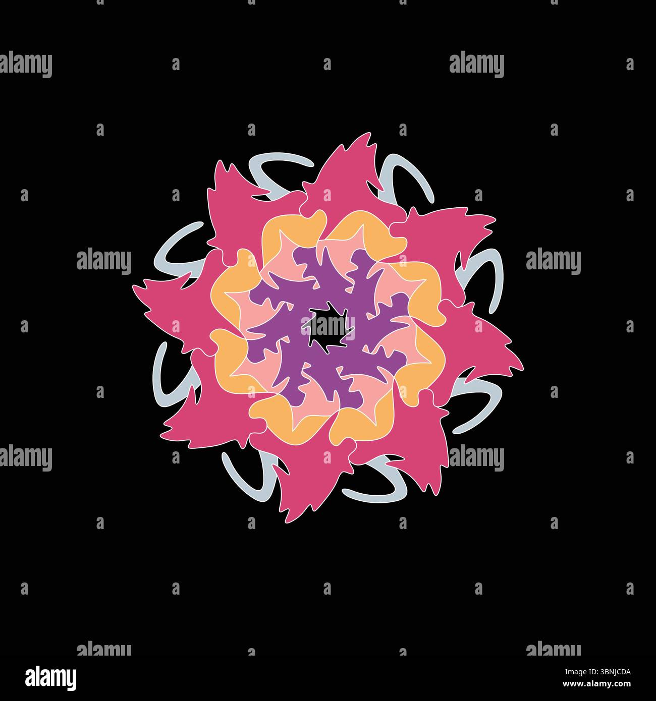 Colorful abstract geometric flower-inspired design with radial symmetry, vibrant hues, and circular elements on solid black background Stock Vector