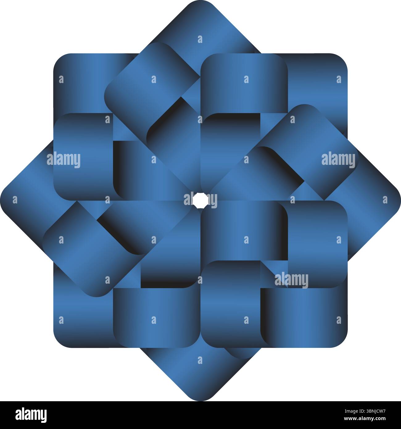A dynamic geometric design featuring interlocking blue cubes arranged in a symmetrical pattern against a white background. Stock Vector