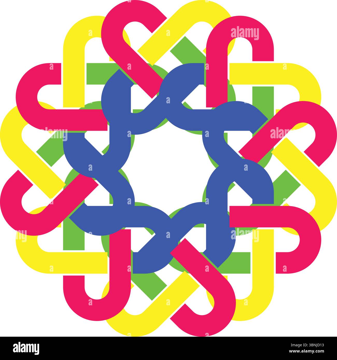A captivating geometric design featuring interlocking colorful shapes arranged in a symmetrical pattern against a white background. Stock Vector