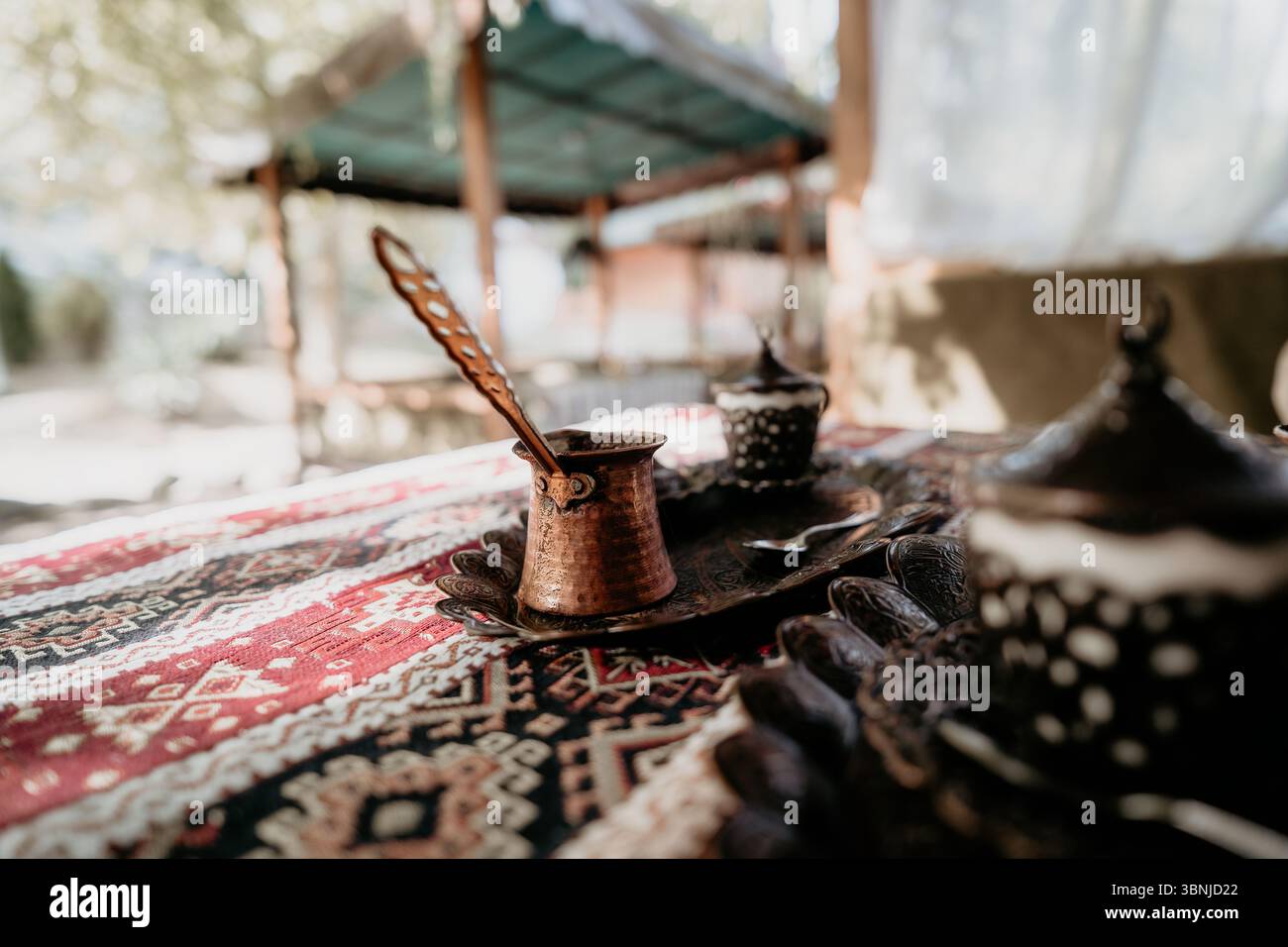 Turkish Coffee Set on a Traditional Tablecloth Stock Photo