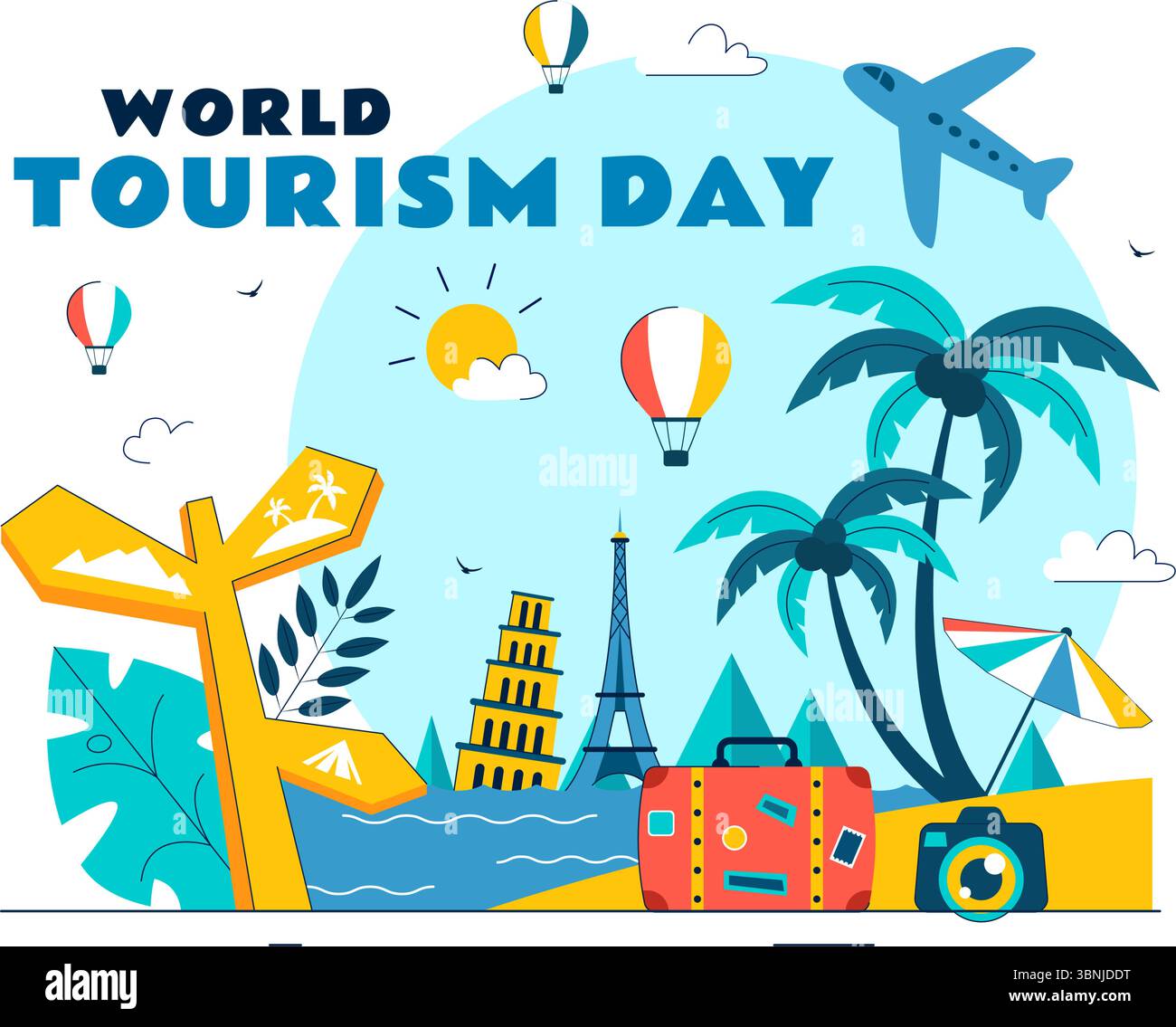 World Tourism Day Vector Illustration featuring a Globe, Famous ...
