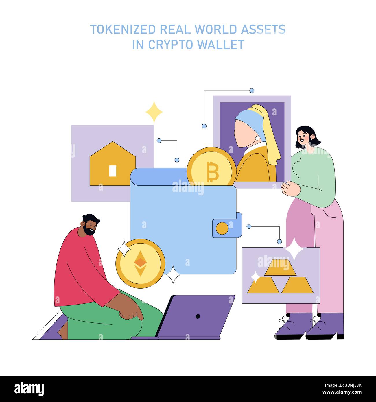 Vector illustration of people engaging with tokenized real world assets in  a crypto wallet interface. Features cryptocurrency elements like Bitcoin,  Ethereum, and digital art with lively characters Stock Vector Image & Art -