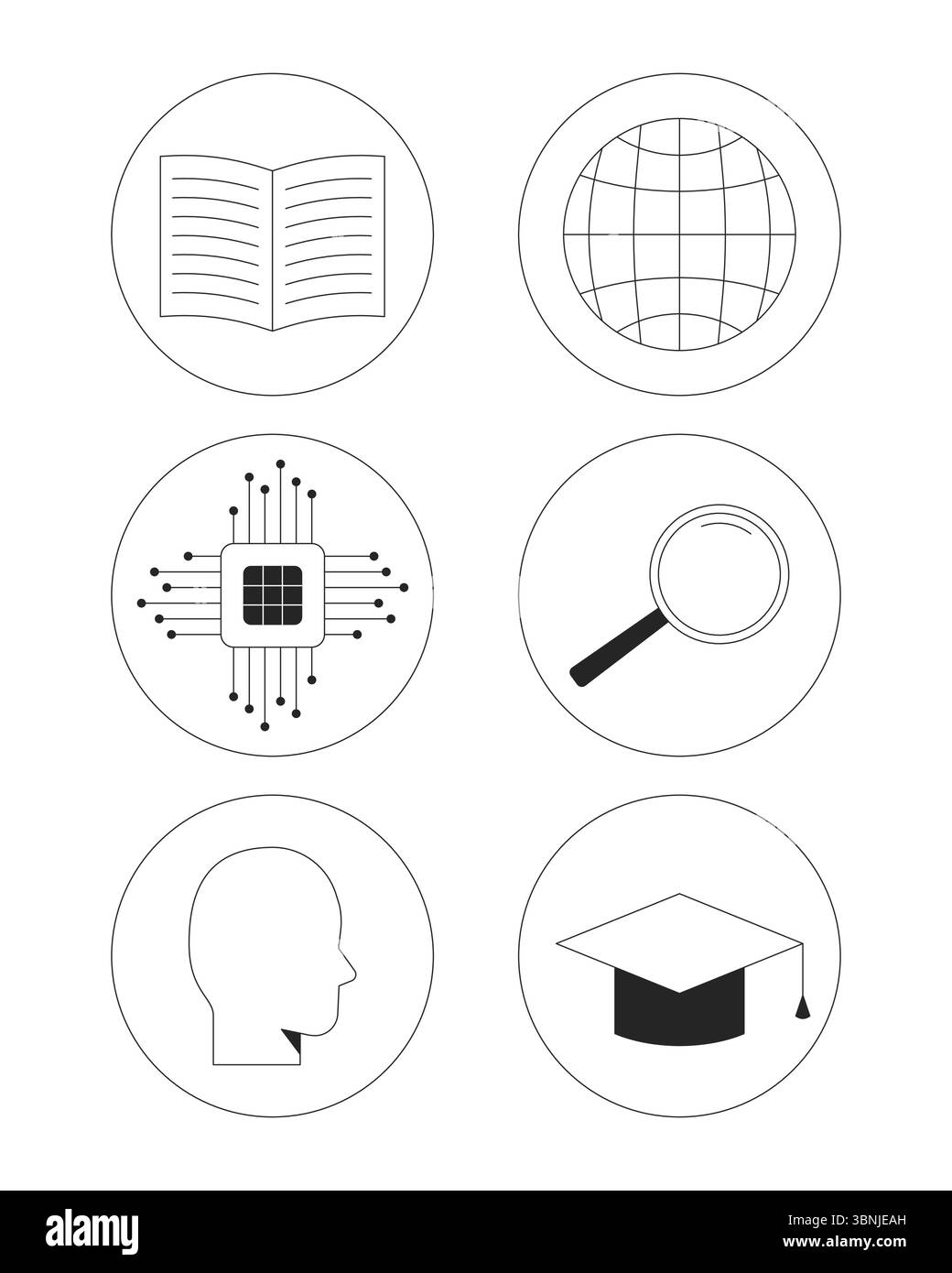 Education and technology 2D line round stickers objects set Stock Vector