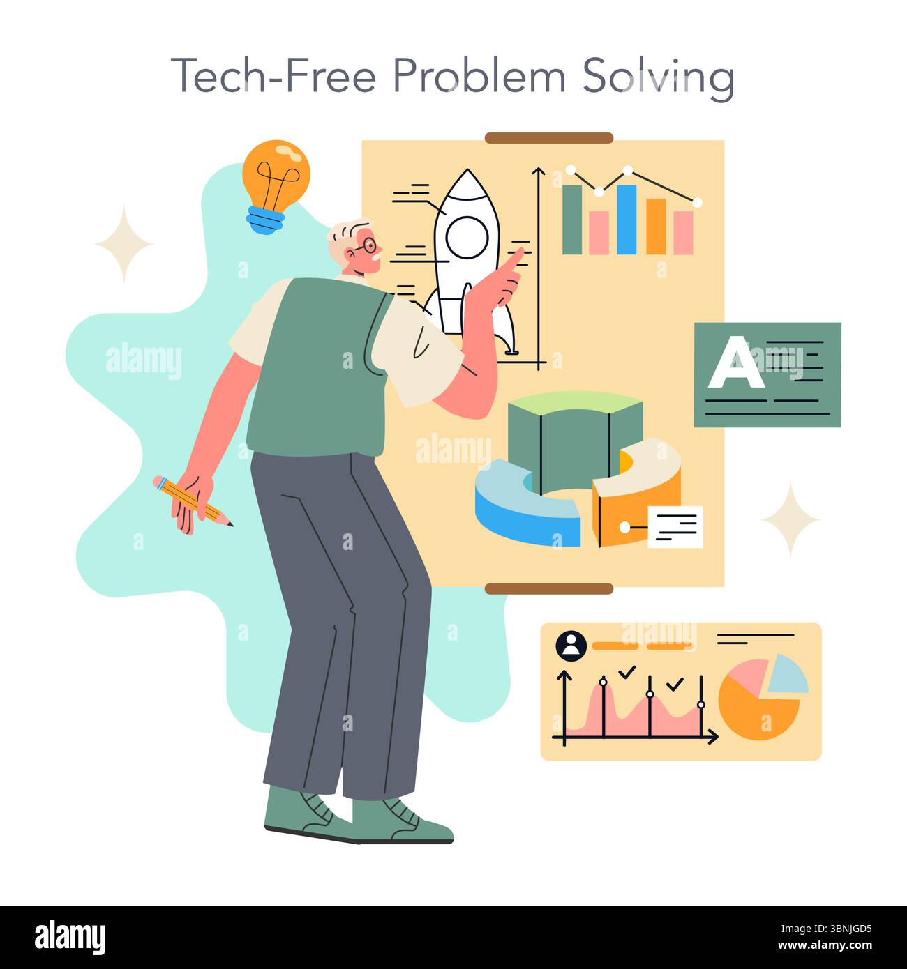 Digital Detox concept. Man uses traditional tools to solve problems ...