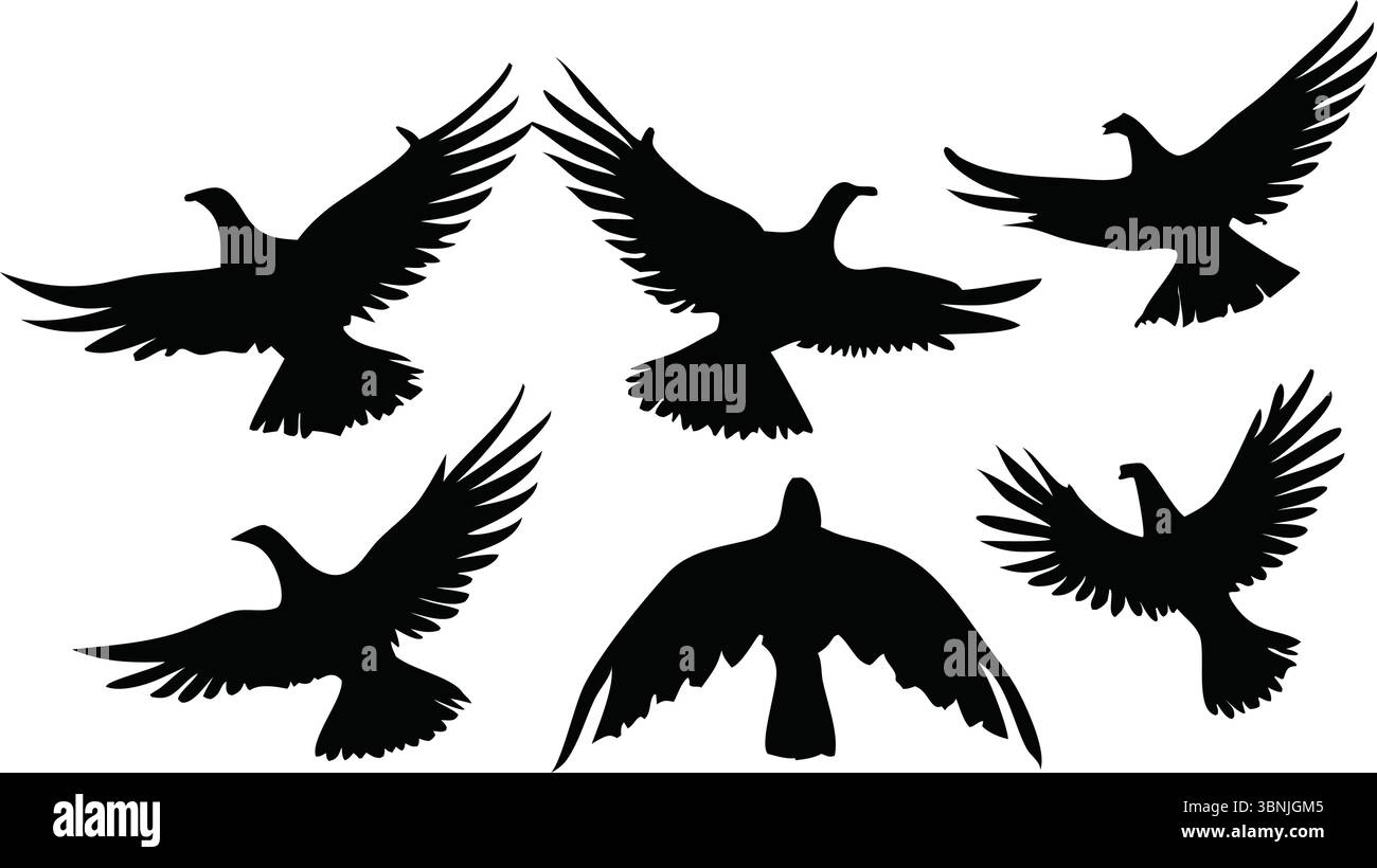 Flying Bird Silhouettes Vector, Black Flock Clipart, Isolated Animal Art, Nature Wildlife Illustration, Spread Wings, Simple Outline, Group Designs Stock Vector
