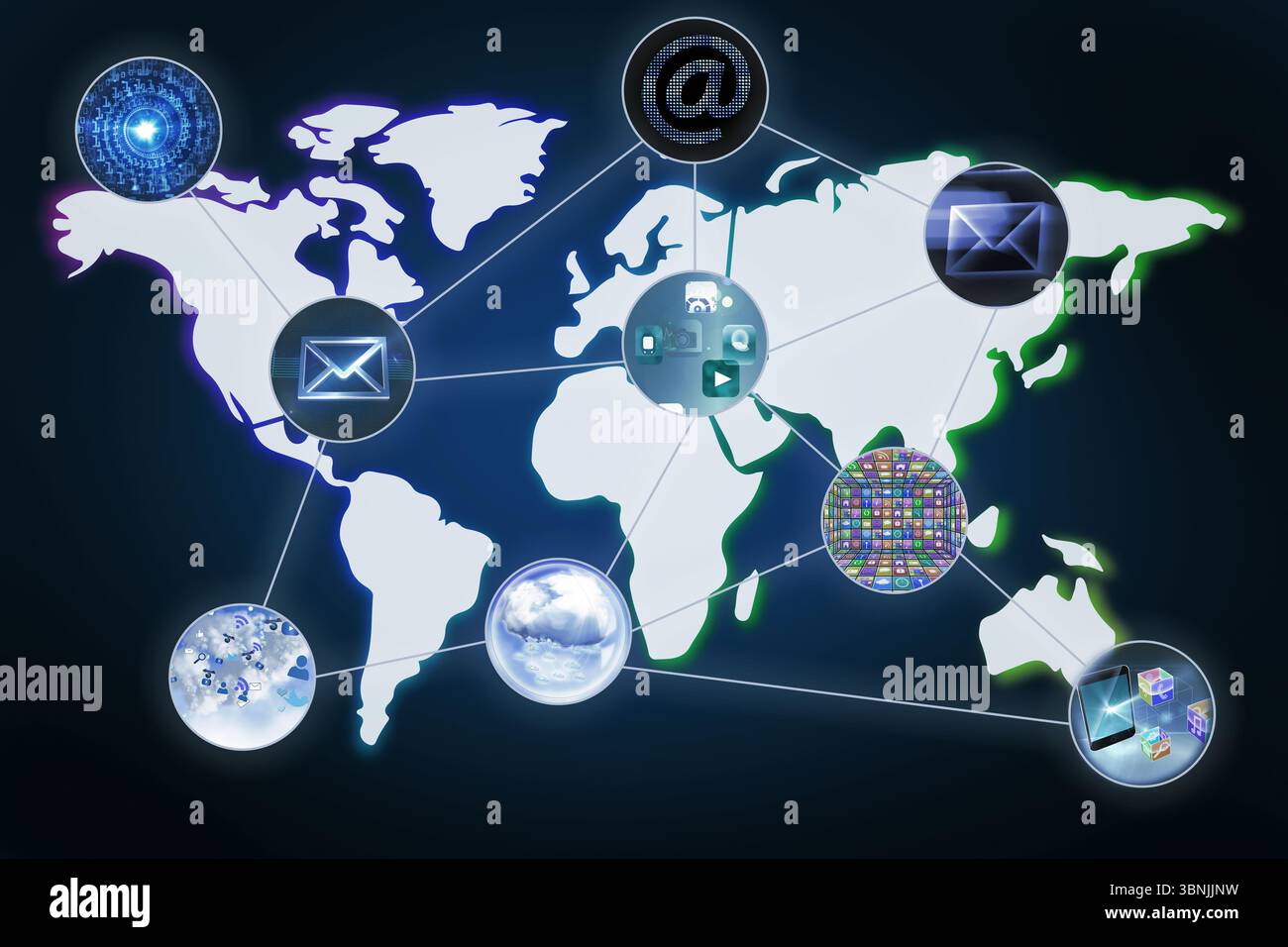 Displaying flat design world map with glowing digital icons linking global communication network Stock Photo