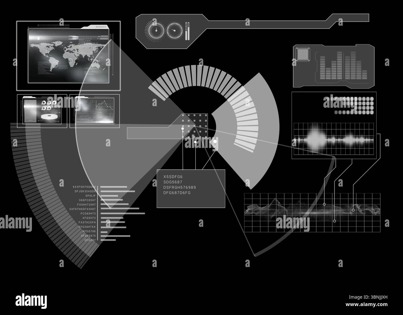 Segmented radial gauge chart is overlaying dark digital interface showing world map and code panel Stock Photo