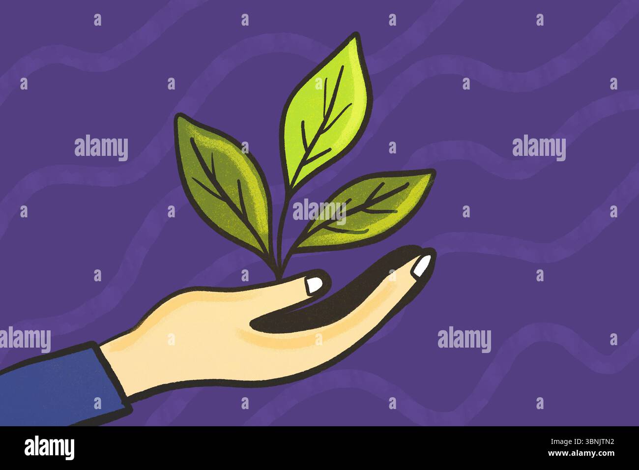 Illustration depicting sustainability with a hand nurturing green leaves, representing eco-consciousness and green living. Perfect for promoting envir Stock Photo