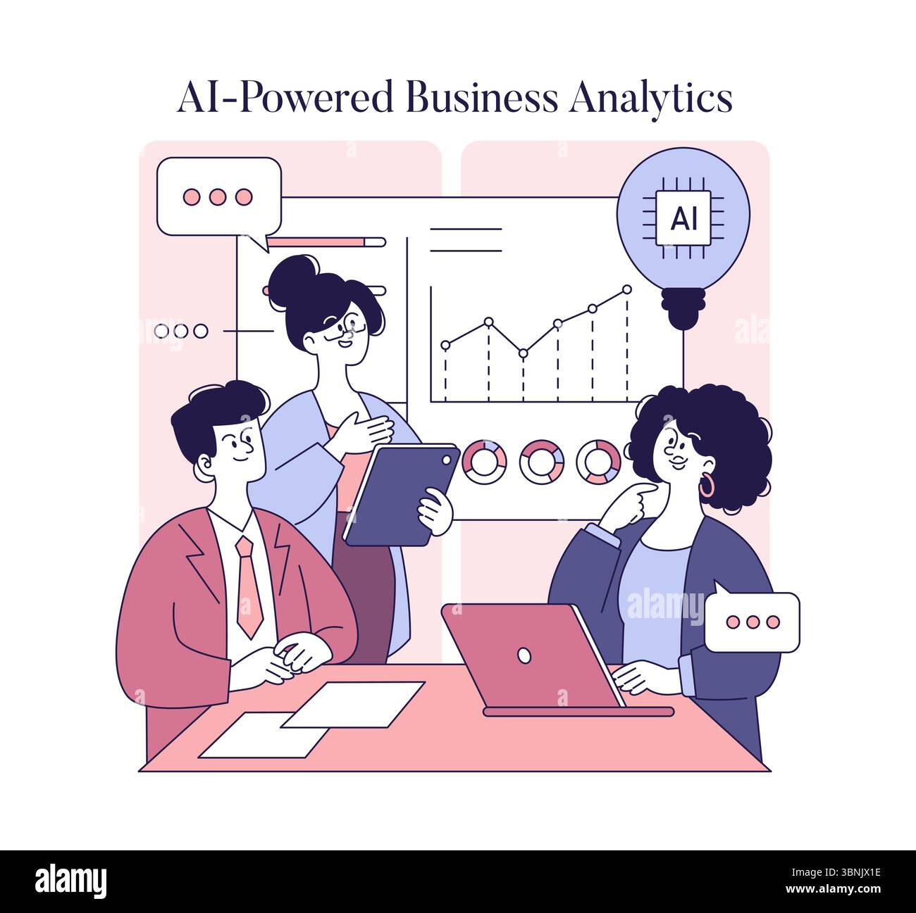 Women collaborate in a modern office setting focused on AI-powered business analytics. Together, they analyze data trends and discuss insights to drive strategic decisions in their organization. Stock Vector