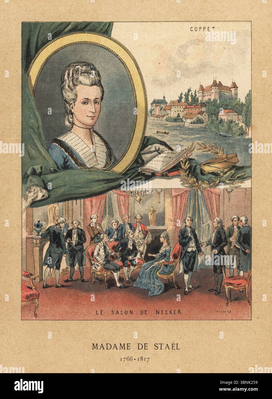Madame de Stael, French philosopher, salonist and political theorist, 1766-1817. Oval portrait with vignettes of her salon in Paris with many philosophes. View of her chateau at Coppet. Le Salon de Necker. Chromolithograph after an illustration by Gilbert from Madame Gustave Demoulin (Anais Gillet)’s Les Francaises illustres, The French illustrated, Hachette, Paris, 1889. Stock Photo