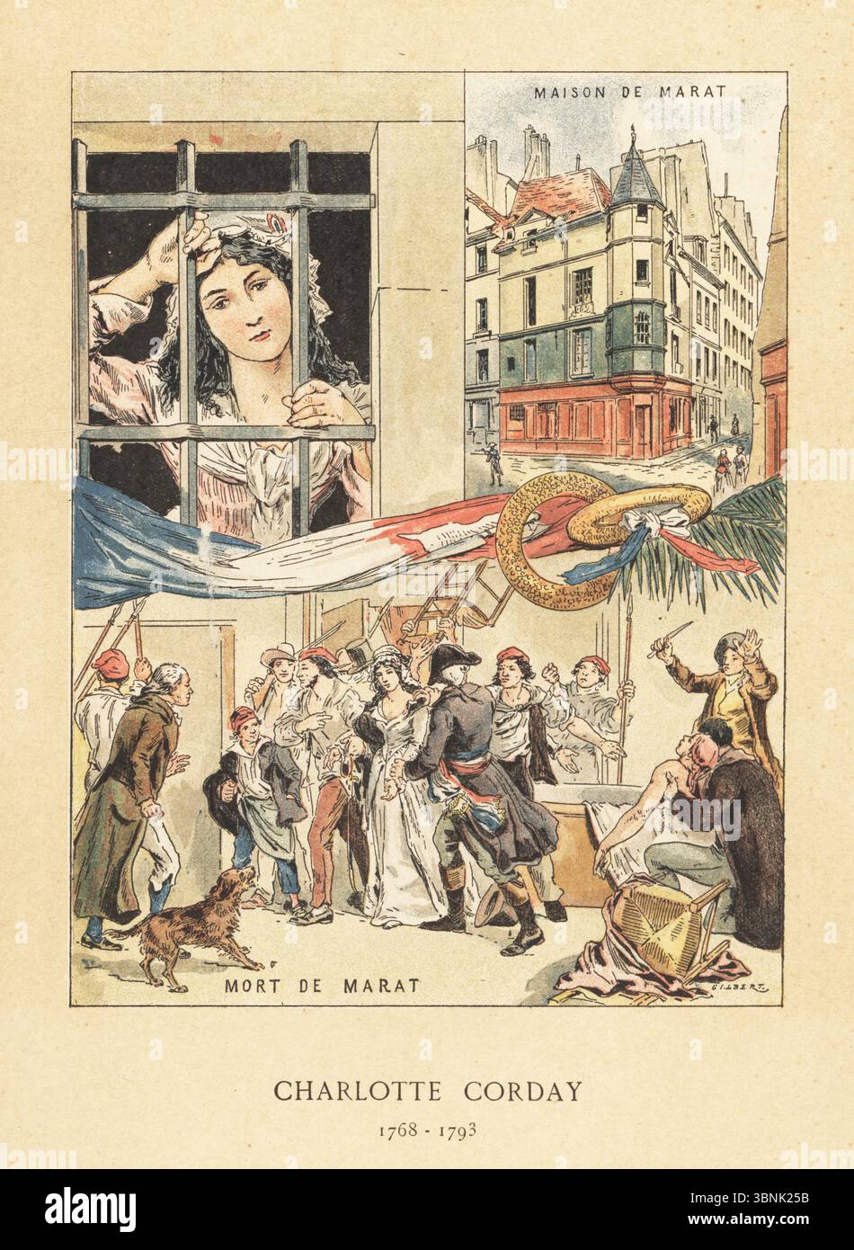 Charlotte Corday, French revolutionary assassin, 1768-1793. Portrait of Corday in a prison cell, with vignette of her arrest by rioting revolutionaries after killing political theorist Jean-Paul Marat in his bath. Exterior view of his house. Mort de Marat, Maison de Marat. Chromolithograph after an illustration by Gilbert from Madame Gustave Demoulin (Anais Gillet)’s Les Francaises illustres, The French illustrated, Hachette, Paris, 1889. Stock Photo