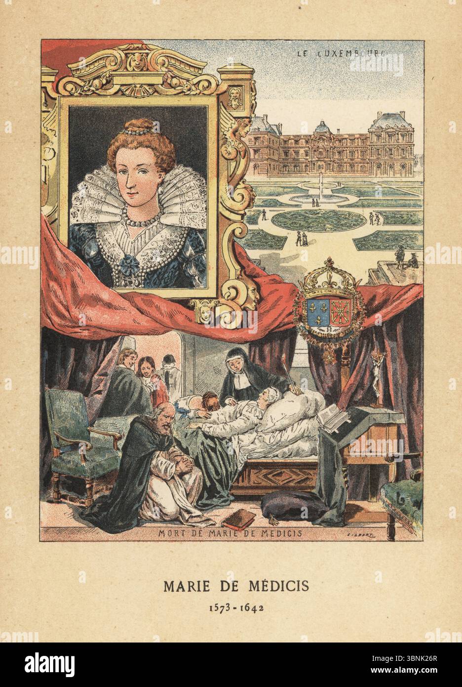 Marie de' Medicis, Queen of France, wife of King Henry IV, 1578-1642. Portrait in of her in lace collar in gilt frame,  vignette of her death of pleurisy in bed at Cologne, and view of Luxembourg palace. Mort de Marie de Medicis. Chromolithograph after an illustration by Gilbert from Madame Gustave Demoulin (Anais Gillet)’s Les Francaises illustres, The French illustrated, Hachette, Paris, 1889. Stock Photo