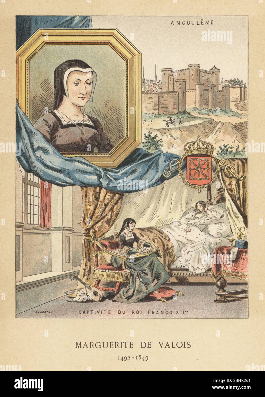 Margaret of Valois, Marguerite de Valois, Queen of Navarre and France, 1493-1549. Portrait in gilt frame, with vignette of her captivity with her brother King Francis I in Madrid, 1525. View of the castle of Angouleme. Chromolithograph after an illustration by Gilbert from Madame Gustave Demoulin (Anais Gillet)’s Les Francaises illustres, The French illustrated, Hachette, Paris, 1889. Stock Photo
