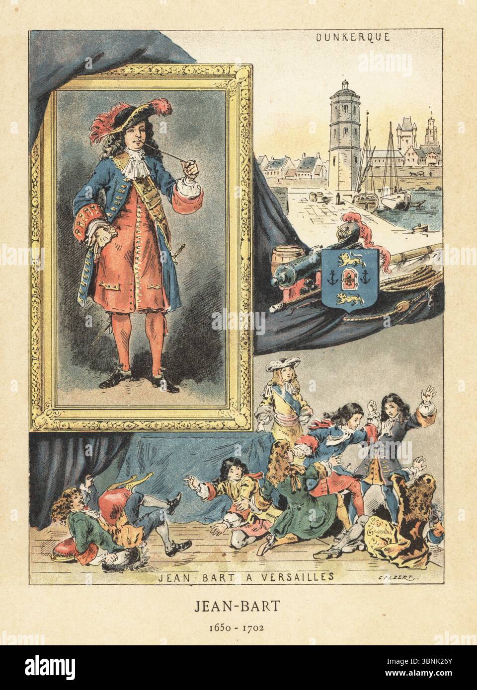 Jean-Bart, French naval commander and Dunkirk Privateer, 1650-1702. Full-length portrait with tobacco pipe, and vignette of Jean-Bart brawling with foppish courtiers at Versailles before King Louis XIV. View of the port of Dunkirk. Jean-Bart a Versailles. Dunkerque. Chromolithograph after an illustration by Gilbert from Madame Gustave Demoulin (Anais Gillet)’s Les Francaises illustres, The French illustrated, Hachette, Paris, 1889. Stock Photo
