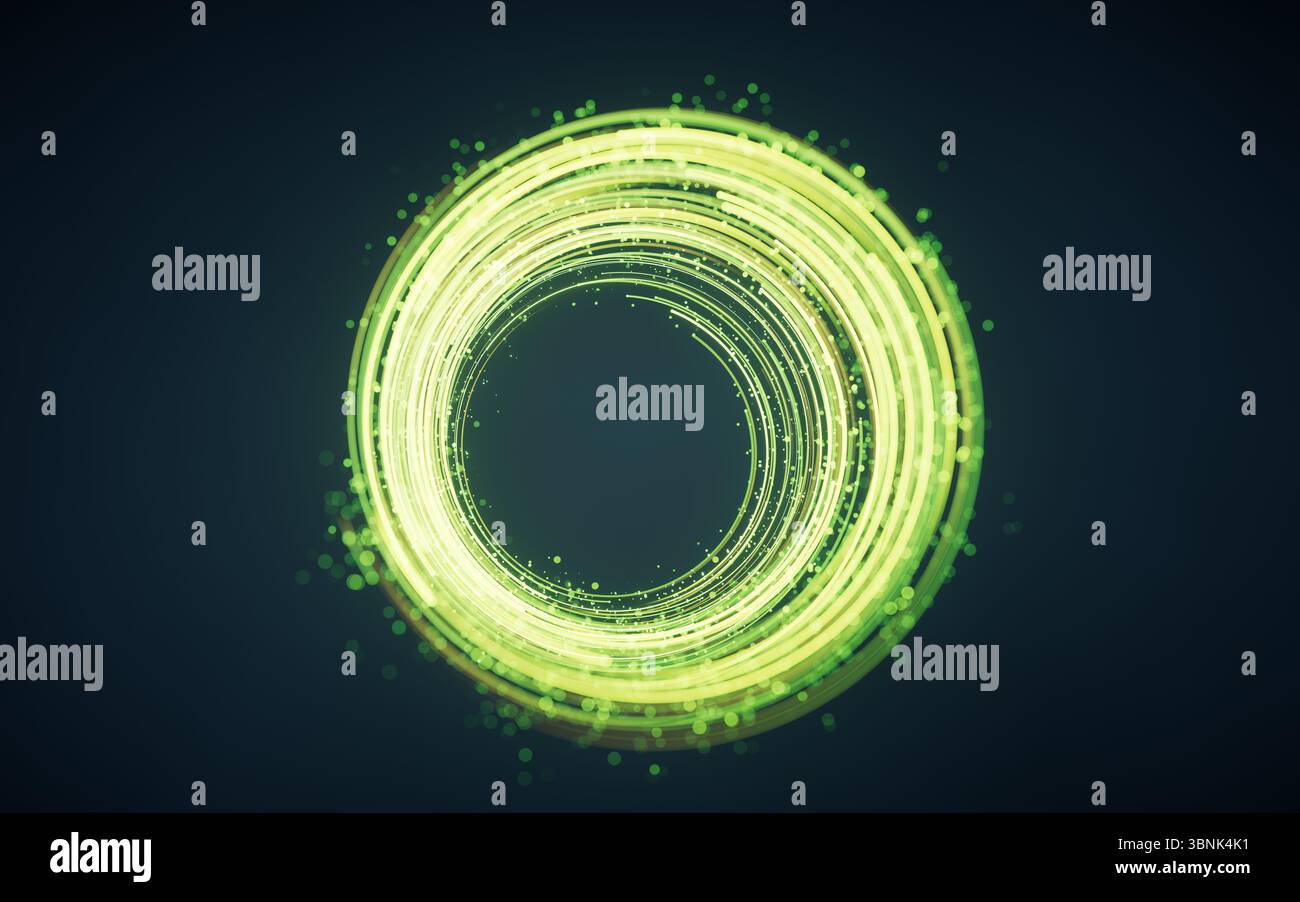 Rotating glowing green vortex lines and particles background, 3d rendering. 3D illustration. Stock Photo