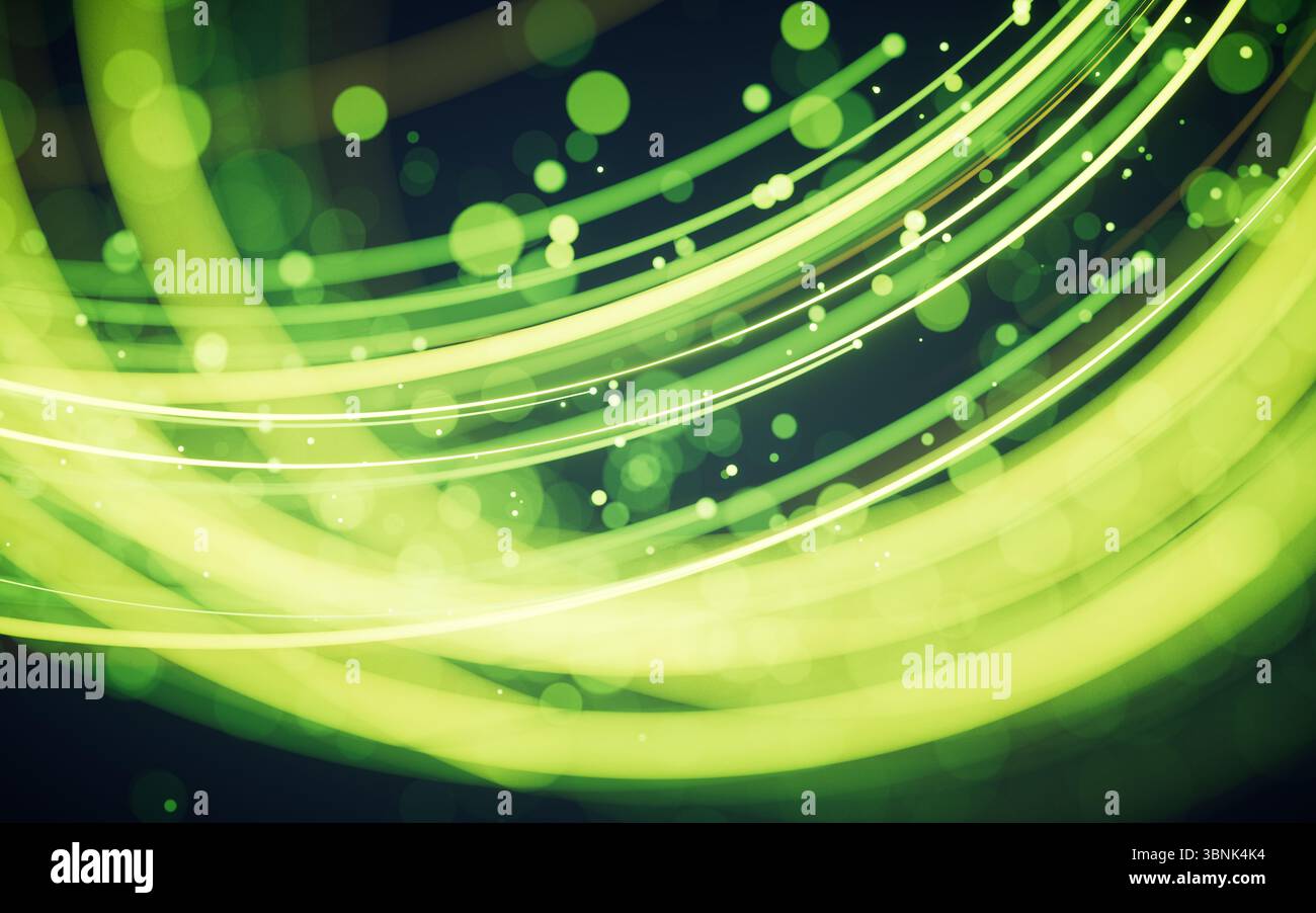 Rotating glowing green vortex lines and particles background, 3d rendering. 3D illustration. Stock Photo