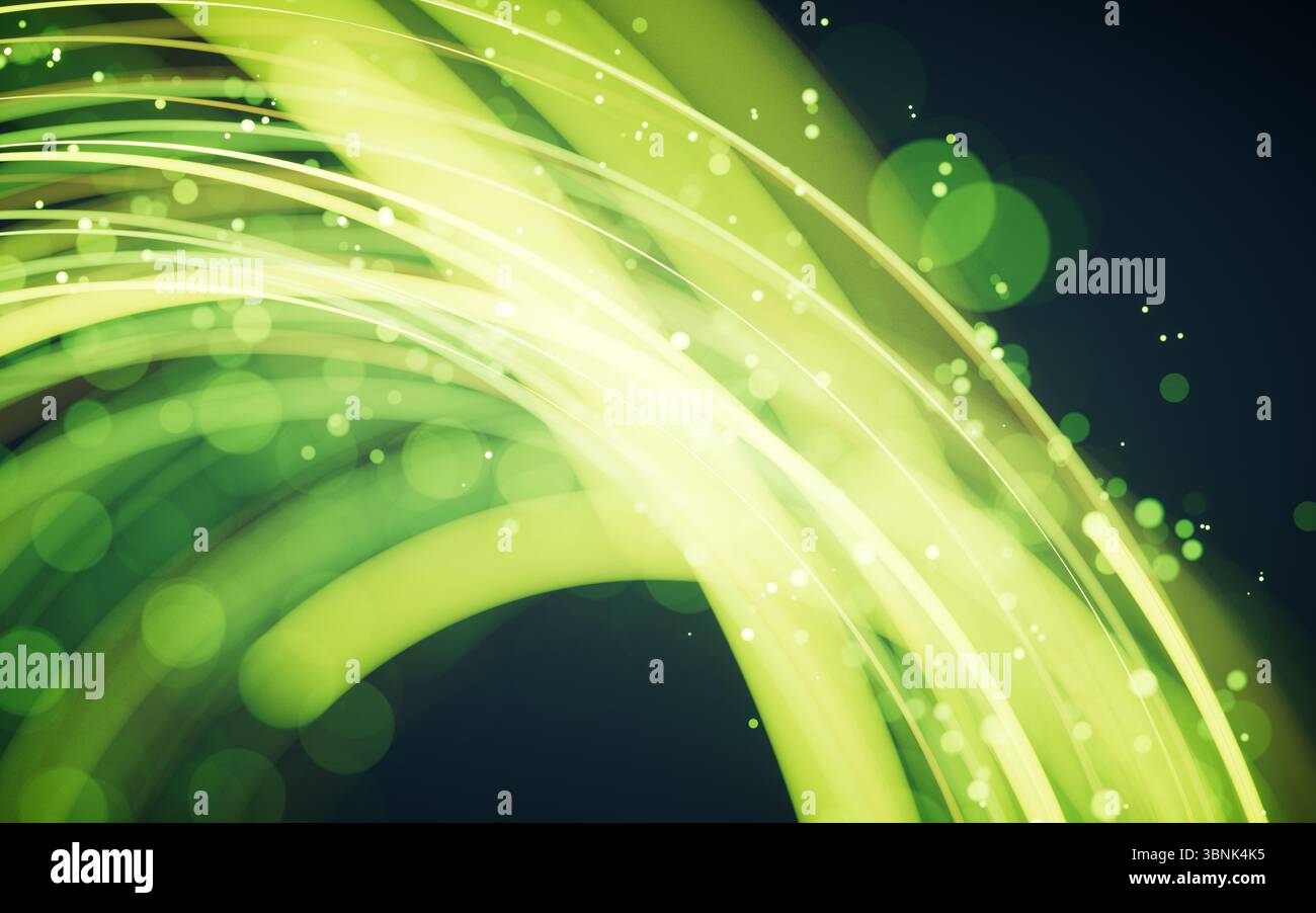 Rotating glowing green vortex lines and particles background, 3d rendering. 3D illustration. Stock Photo