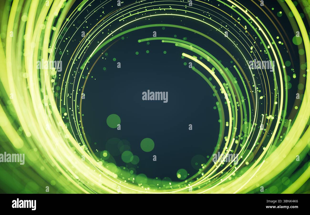 Rotating glowing green vortex lines and particles background, 3d rendering. 3D illustration. Stock Photo