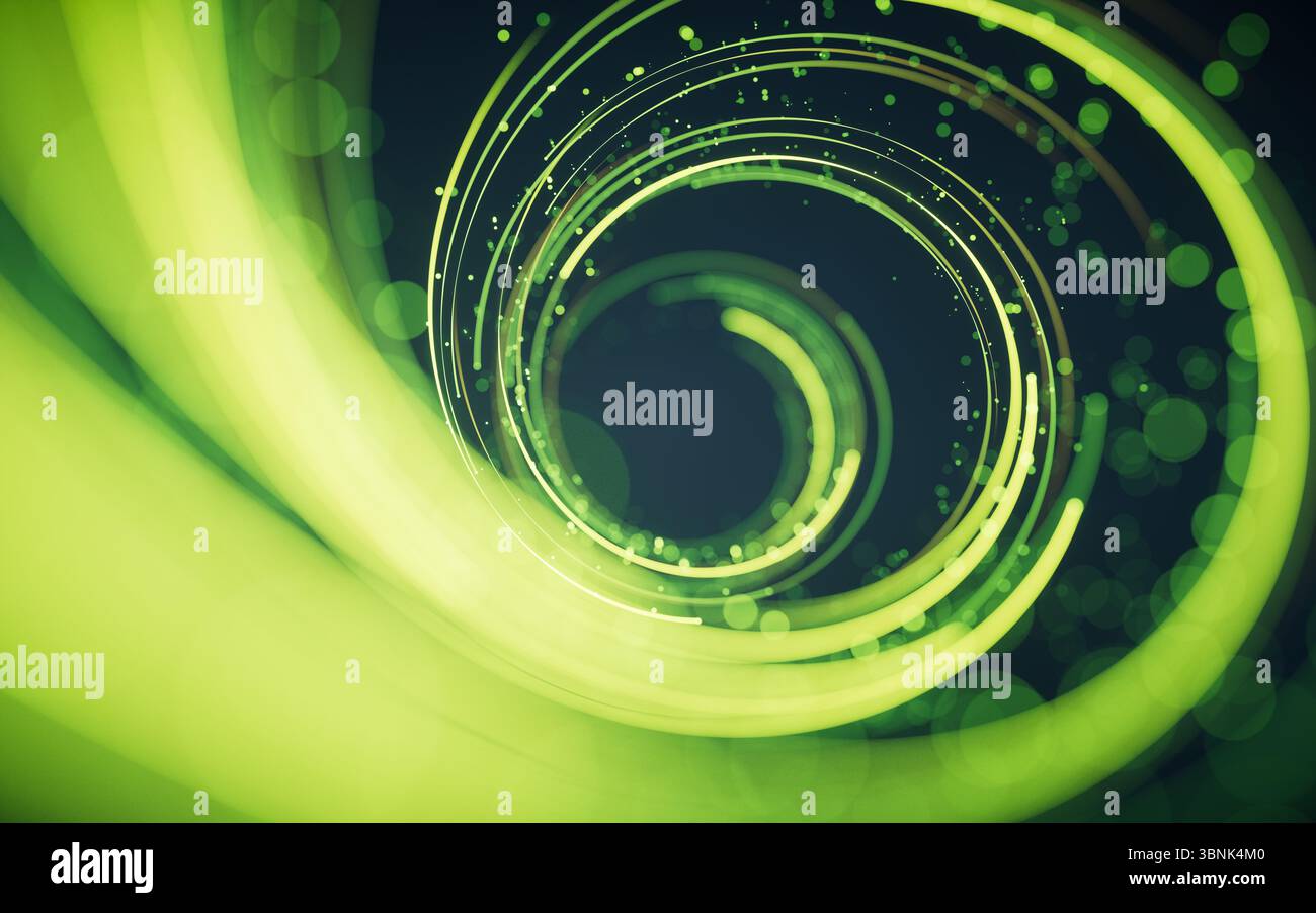 Rotating glowing green vortex lines and particles background, 3d rendering. 3D illustration. Stock Photo