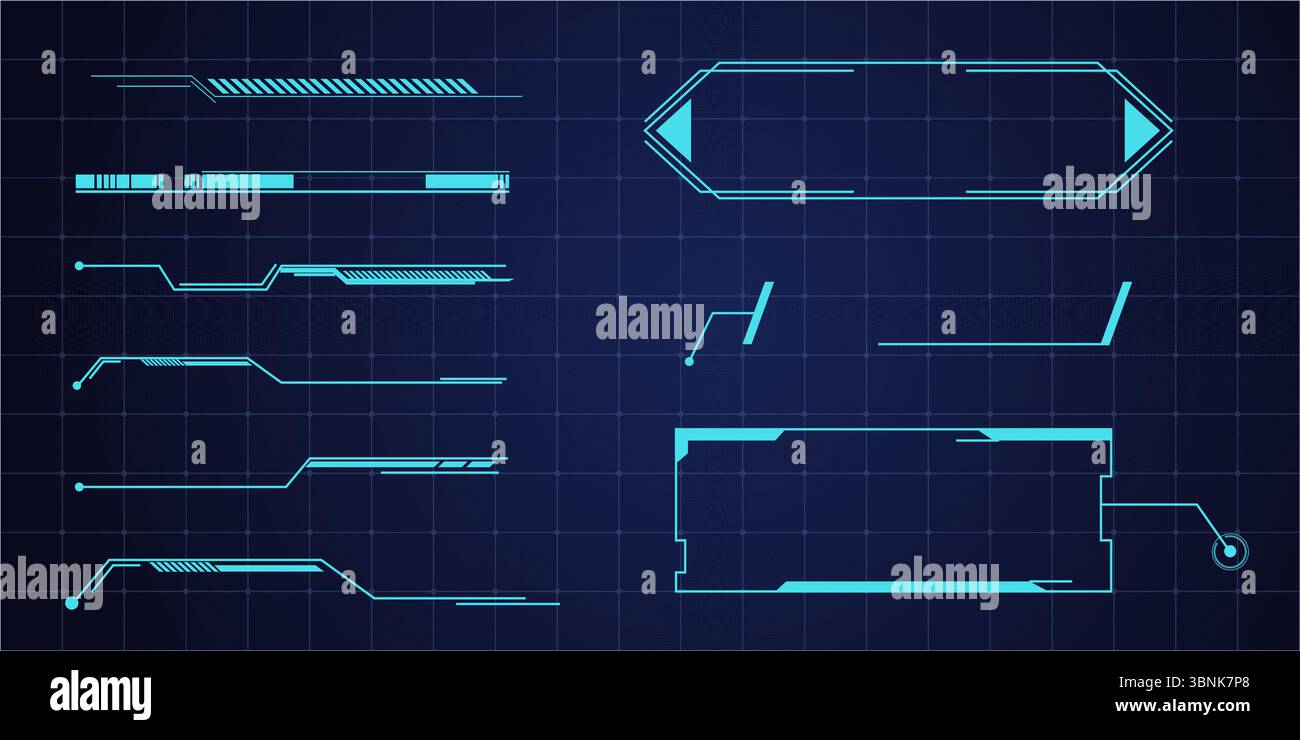 Futuristic blue HUD interface with digital elements, text boxes, arrows ...