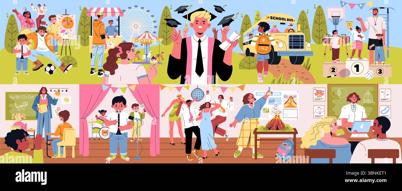 Colorful vector illustration depicting various school activities and ...