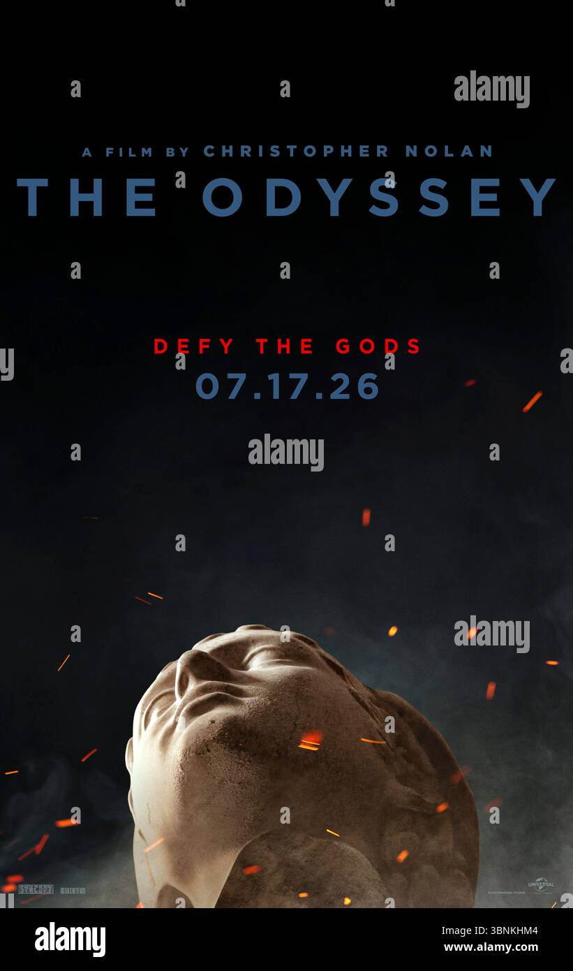 The Odyssey (2026) directed by Christopher Nolan and starring Matt Damon, Tom Holland, and Anne Hathaway. Follows Odysseus in his perilous journey home after the Trojan War, showcasing his encounters with Polyphemus, the Sirens, Circe, and finishing with his reunion with his wife, Penelope. US advance poster EDITORIAL USE ONLY. Credit: BFA / Universal Pictures Stock Photo