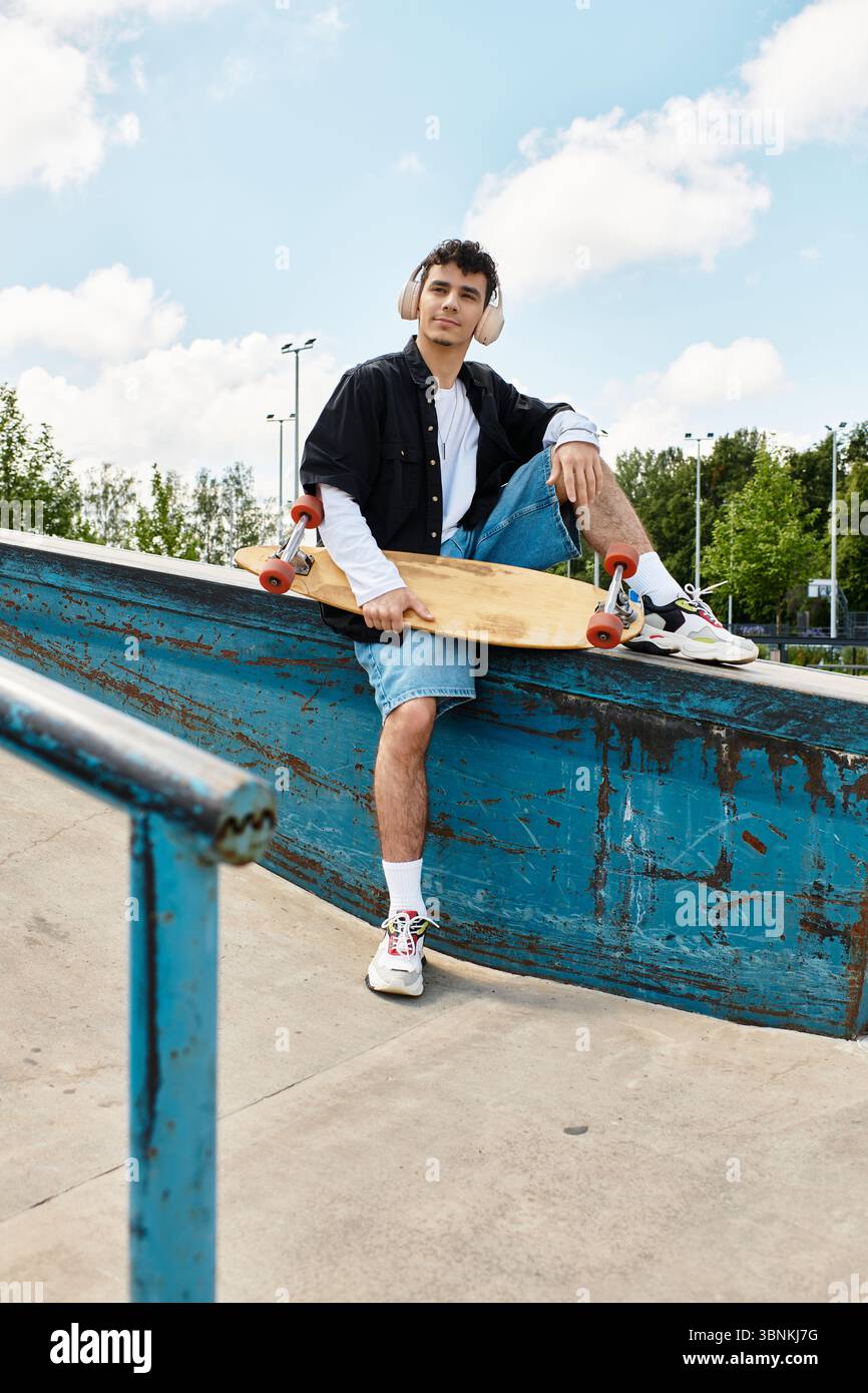 A young man sits casually at a park skate ramp, holding his skateboard ...