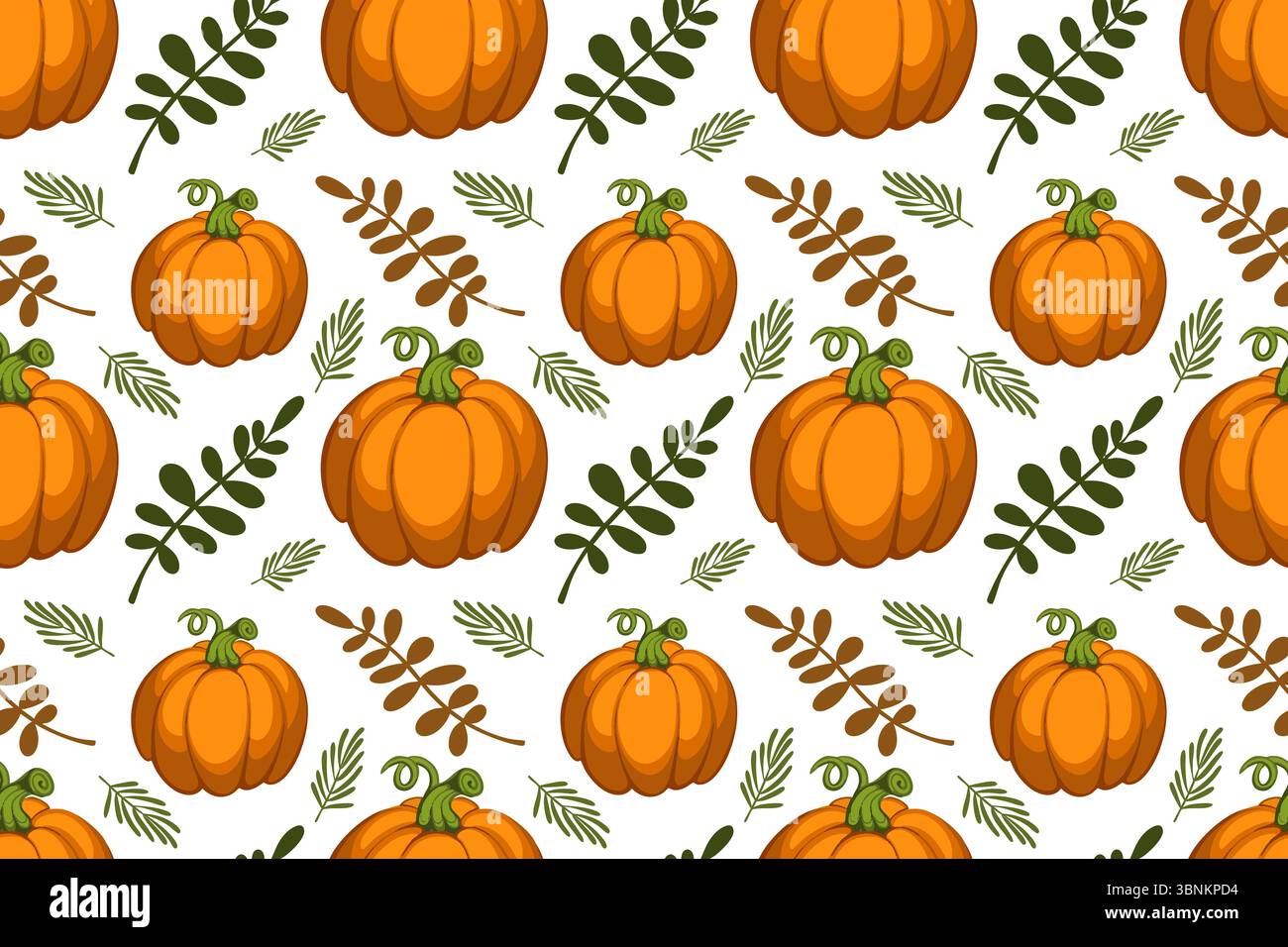 Seamless pattern with colorful autumn leaves, pumpkins in orange, yellow colors. Autumn atmosphere. Vector illustration hand drawn on white background Stock Vector