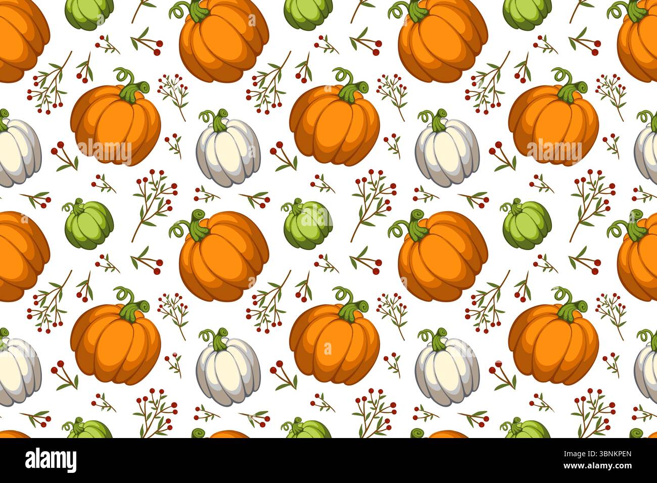 Seamless pattern with colorful autumn leaves, pumpkins in orange, yellow colors. Autumn atmosphere. Vector illustration hand drawn on white background Stock Vector