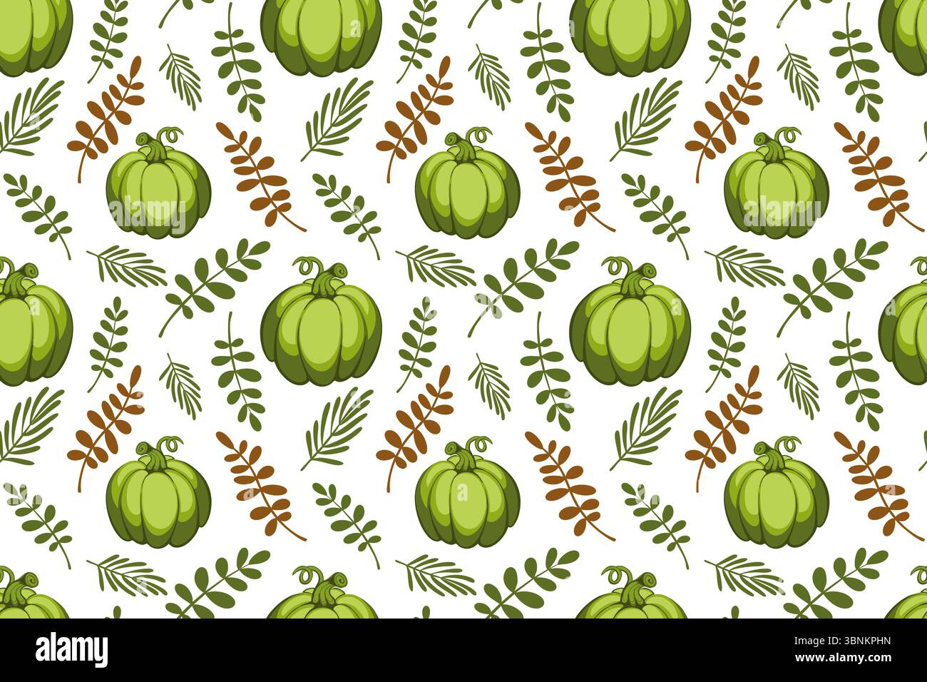 Seamless pattern with colorful autumn leaves, pumpkins in orange, yellow colors. Autumn atmosphere. Vector illustration hand drawn on white background Stock Vector