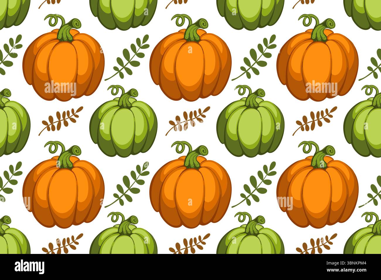 Seamless pattern with colorful autumn leaves, pumpkins in orange, yellow colors. Autumn atmosphere. Vector illustration hand drawn on white background Stock Vector