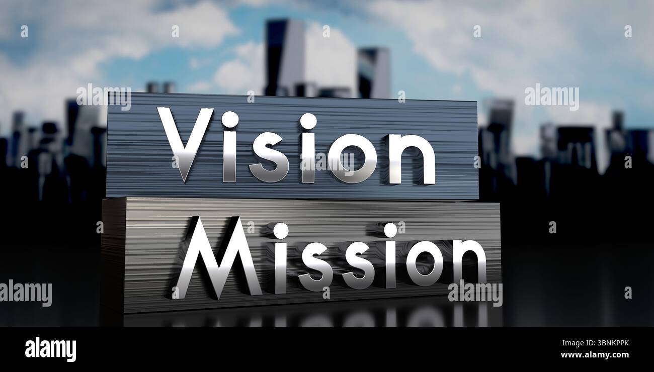 Vission, mission - metal blocks and skyscrapers - 3D illustration Stock ...