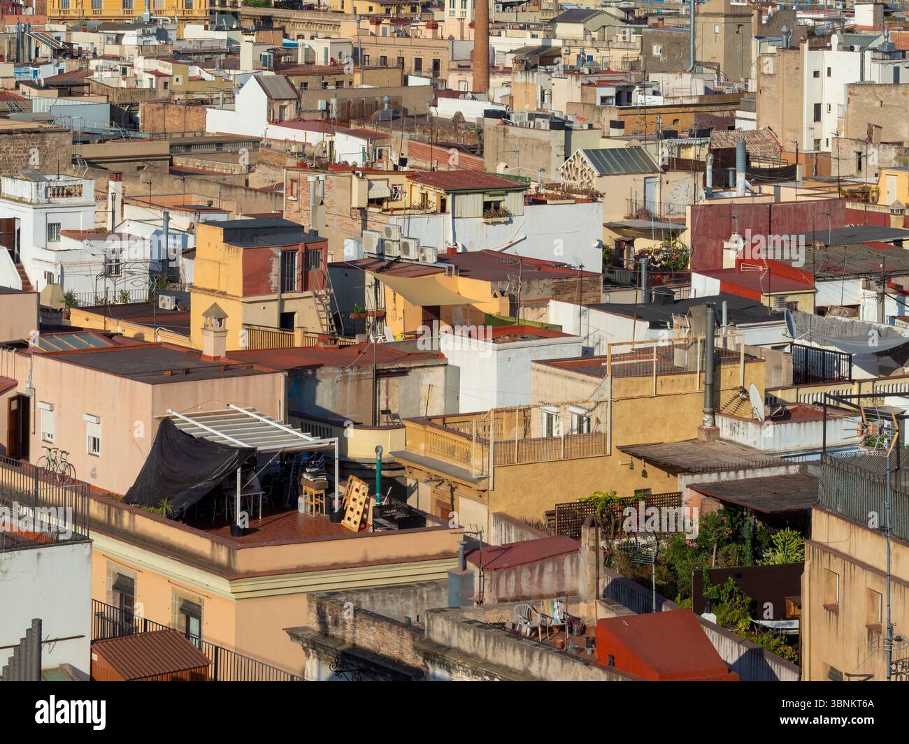 Dense cluster of flat rooftops and terraced buildings in Barcelona’s historic El Raval neighbourhood. Stock Photo