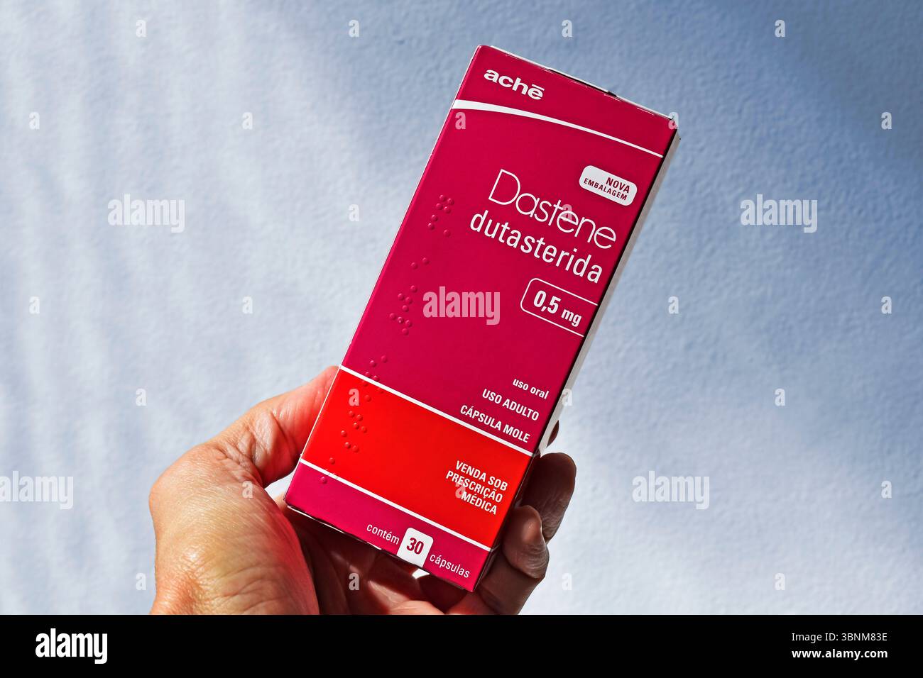 RIO DE JANEIRO, BRAZIL - June 30, 2025: Hand holding a box of dudasteride, an ingredient used in the treatment of hair loss and prostate cancer Stock Photo