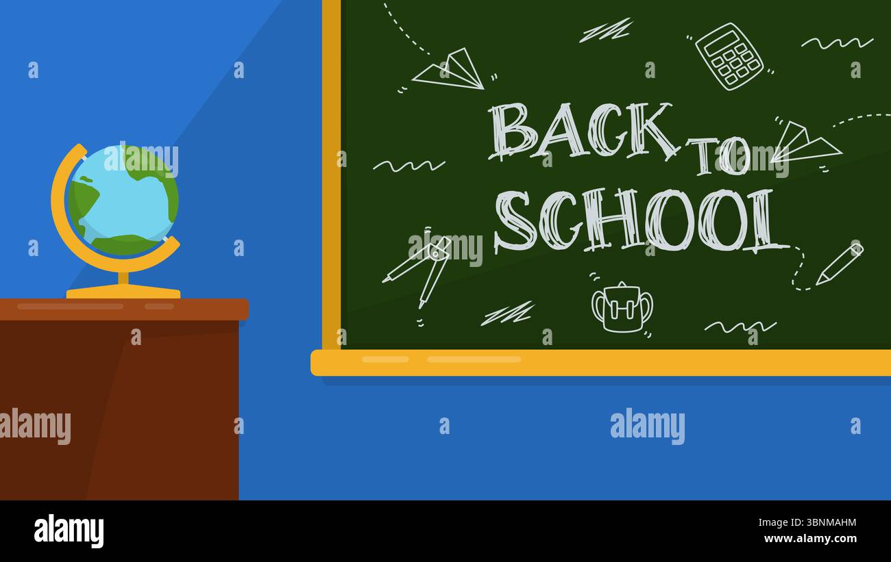Classroom flat illustration Back to school on green chalkboard. Black ...