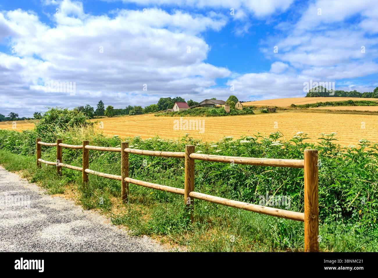 Wooden fence barrier along part of 'voie verte' cycle way as protection from drop into hidden underpass - central France. Stock Photo
