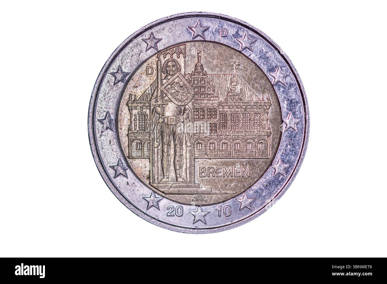German 2-Euro coin with Bremen town hall and Roland Stock Photo