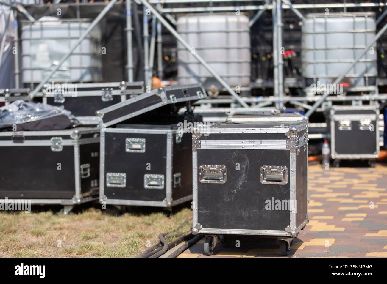 Case boxes for musical equipment. Professional stage equipment is ...