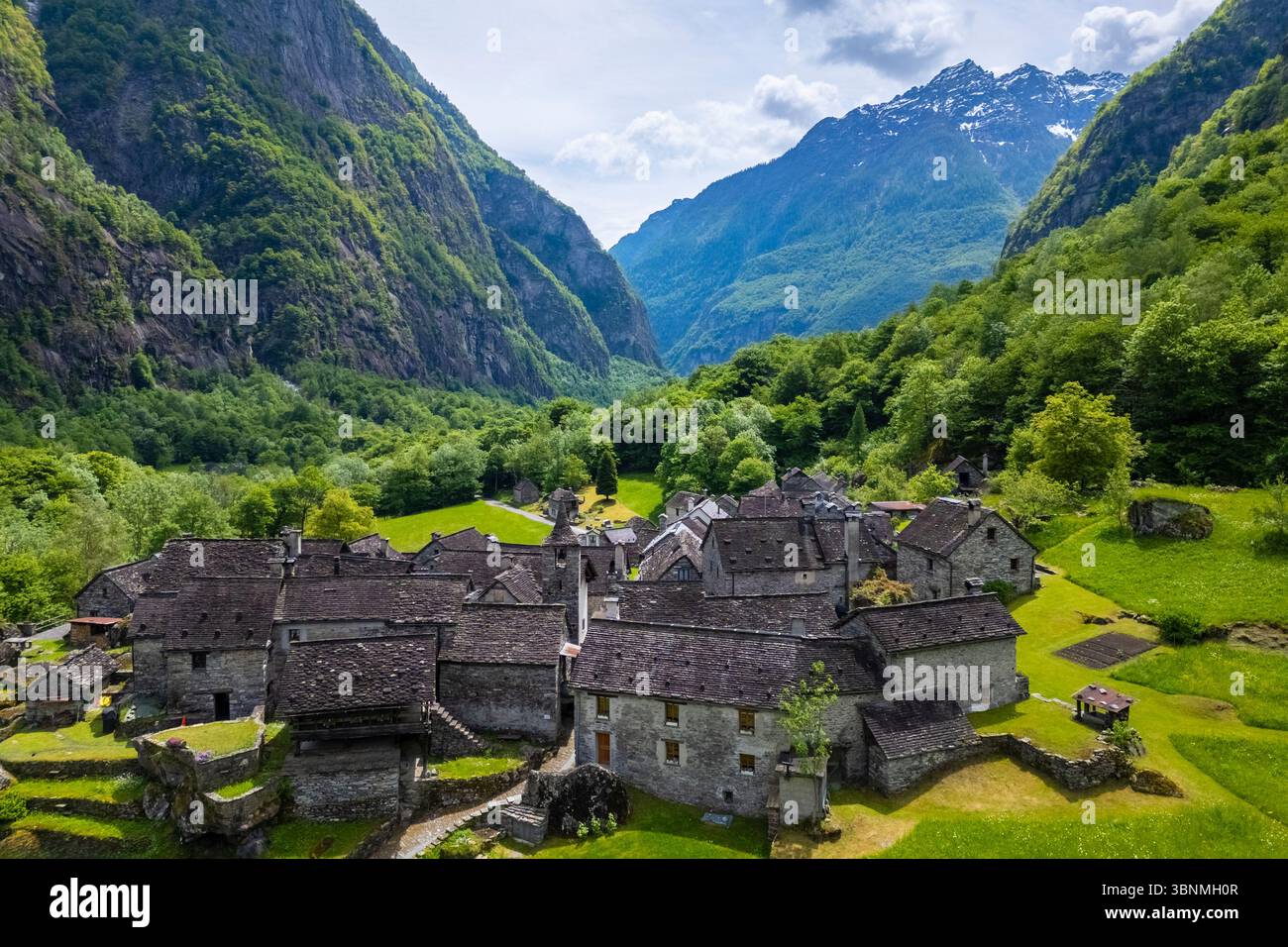 Aerial view the small town of Sonlerto. Cevio, Val Bavona, Valle Maggia, Canton Ticino, Switzerland. Stock Photo