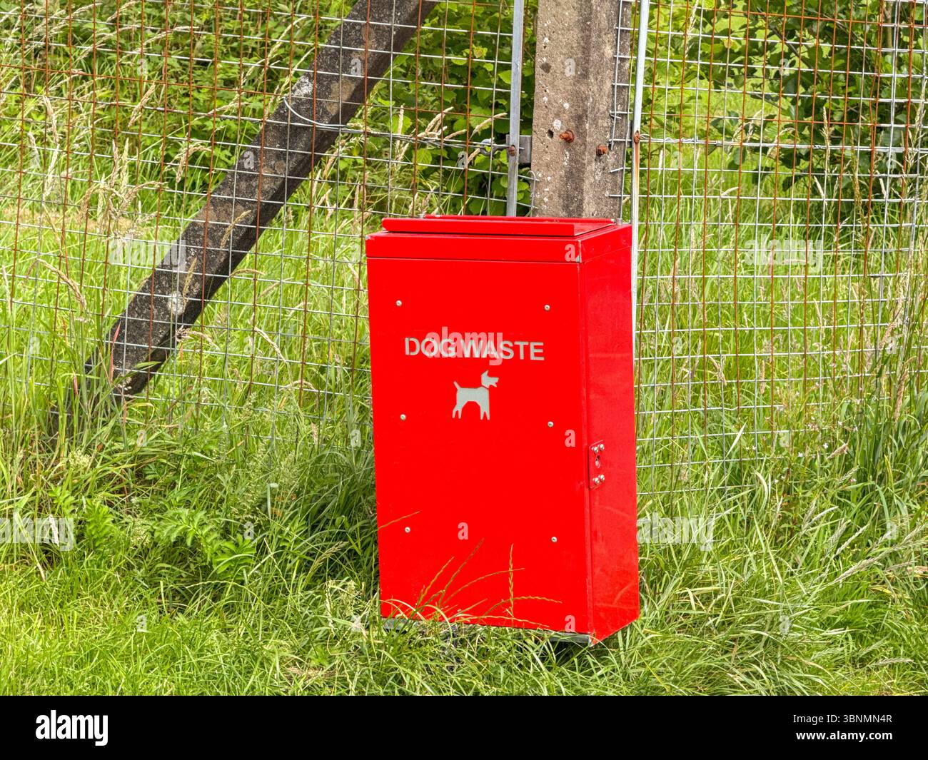 Red metal bin for dog waste attached to a fence in a publlic park. No people. - Smartphone Captured Stock Image