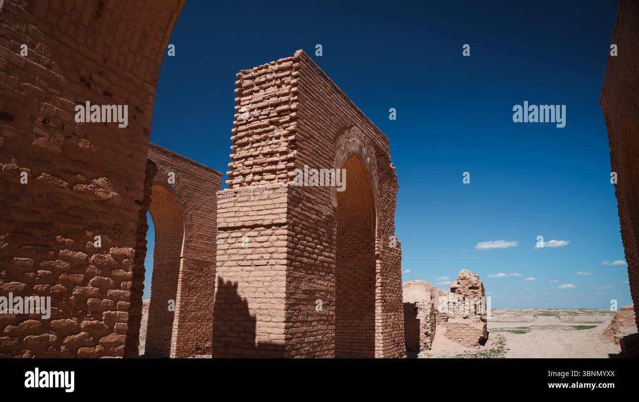 Historic brick ruins stand prominently in Abu Dulaf, Iraq, showcasing ...