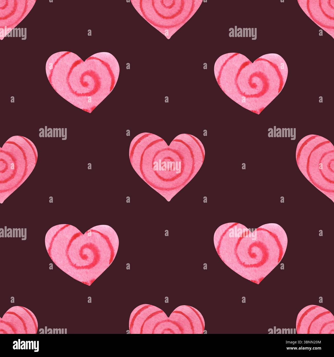 Watercolor seamless background with pink hearts on burgundy dark red ...